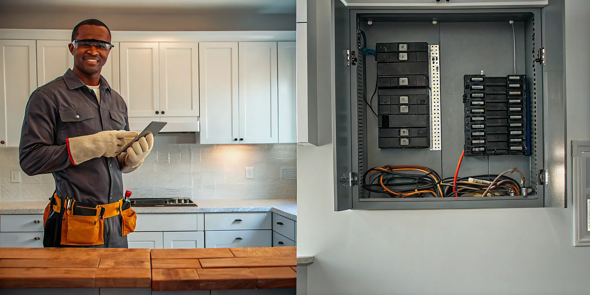 Electrician inspecting a breaker box to determine how much it will cost to replace.