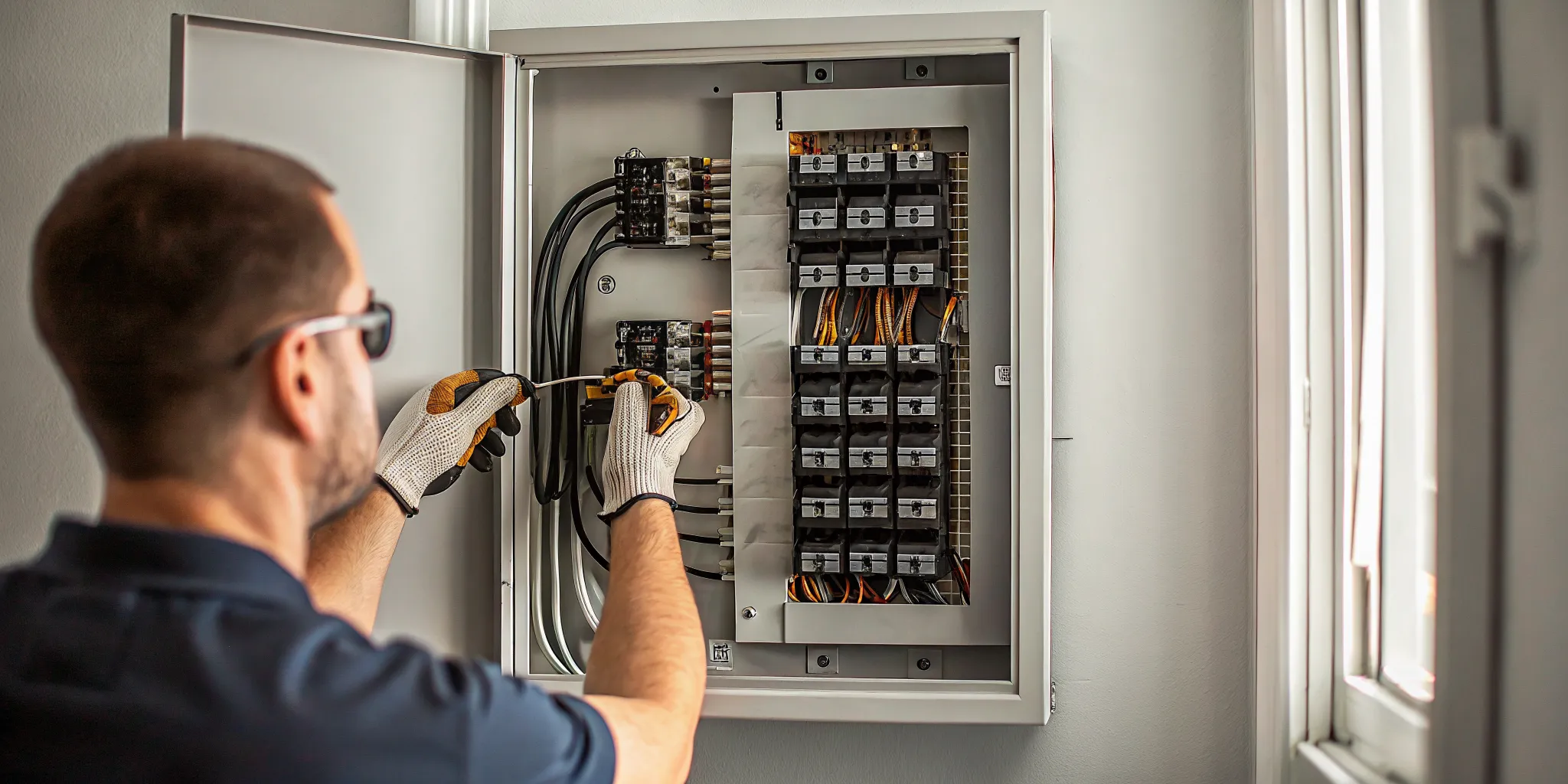 An electrician fixing a circuit breaker that keeps tripping in an electrical panel.