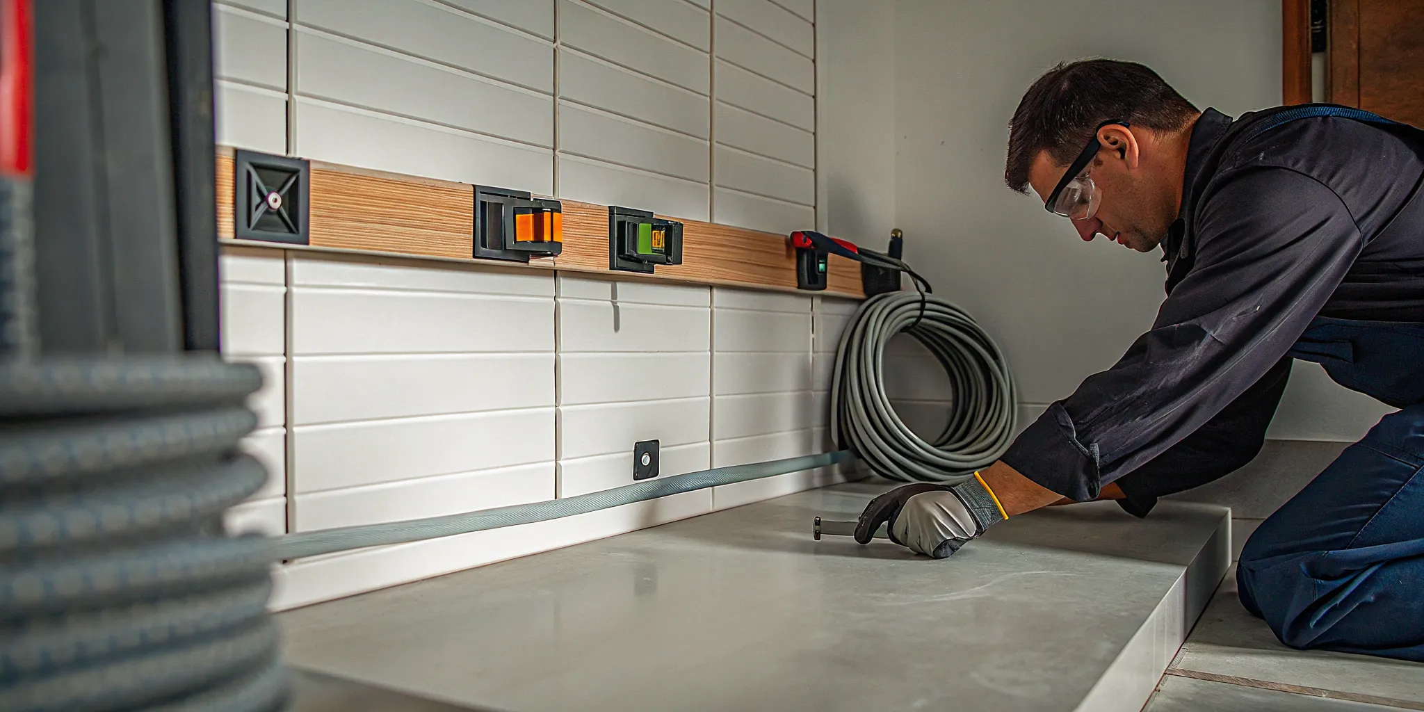 Electrician performing a professional EV charger installation in a home garage.