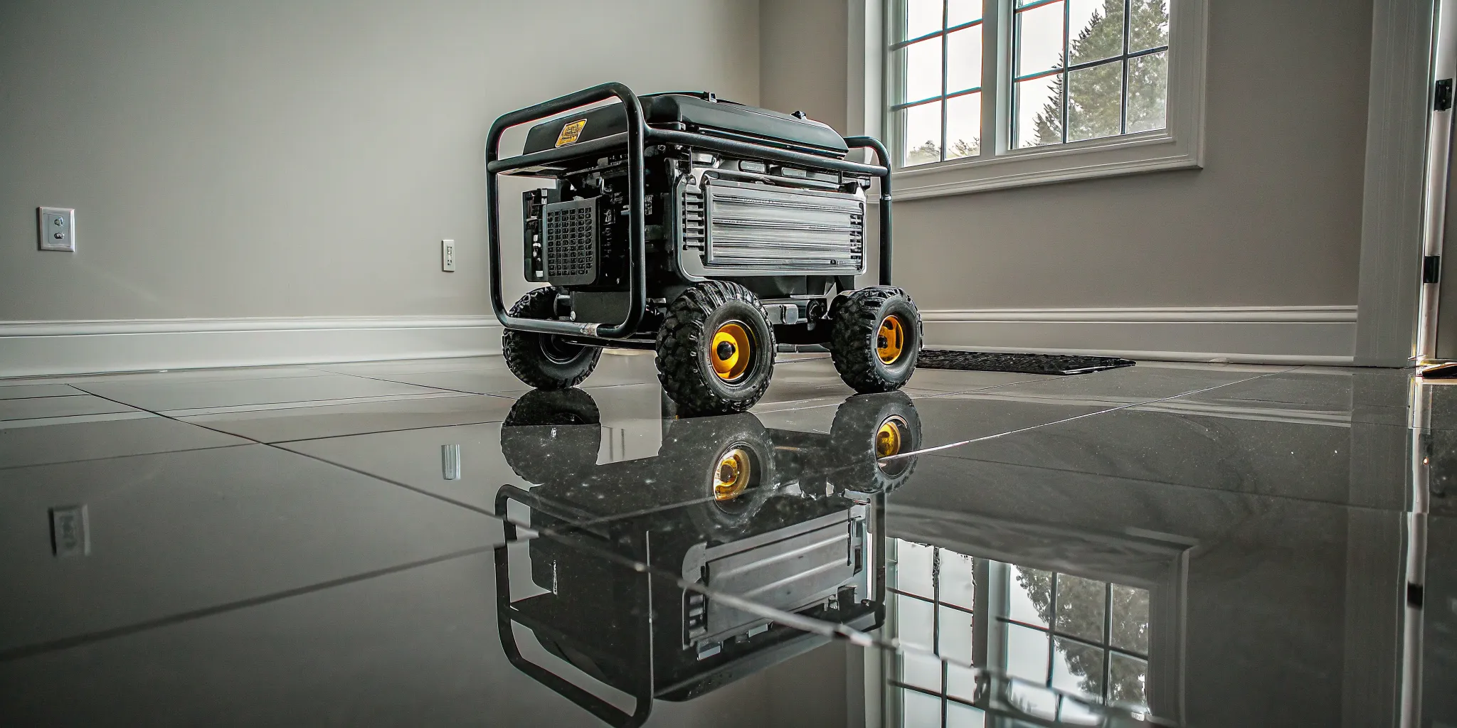 Portable 50 amp generator on wheels inside a home.
