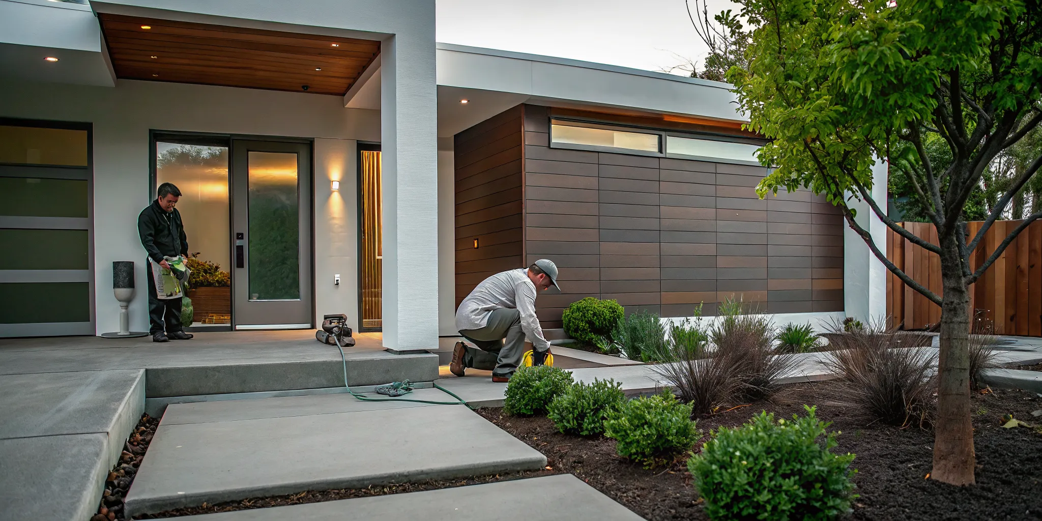 Professional outdoor lighting installation for a modern home's entrance and landscape.
