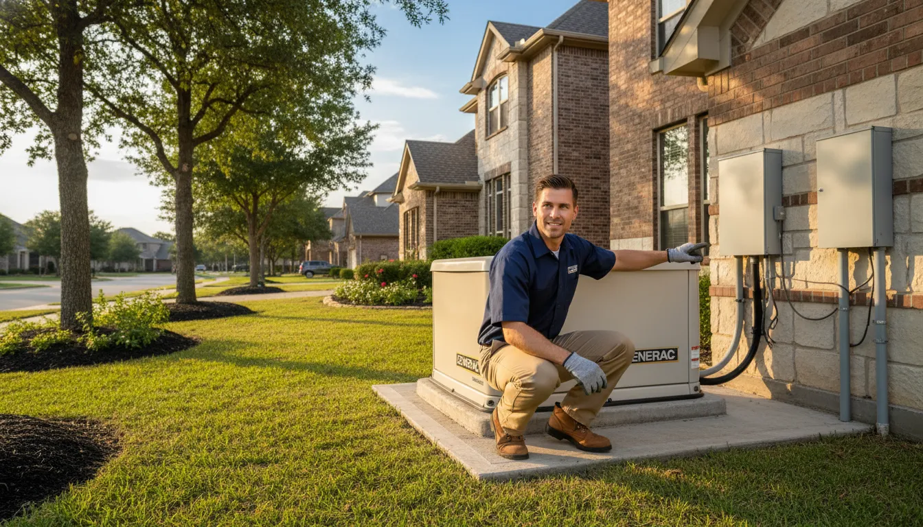generac-installer-in-dfw-questions-to-ask-824395 Generac installer in DFW checking a standby generator and transfer switch