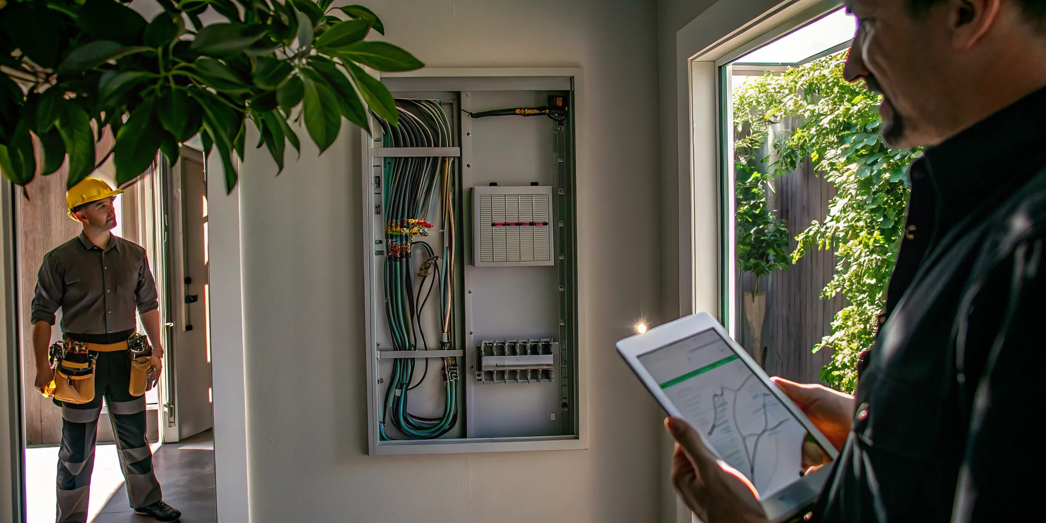 Electrician inspecting an open electrical panel to determine the cost of an upgrade.