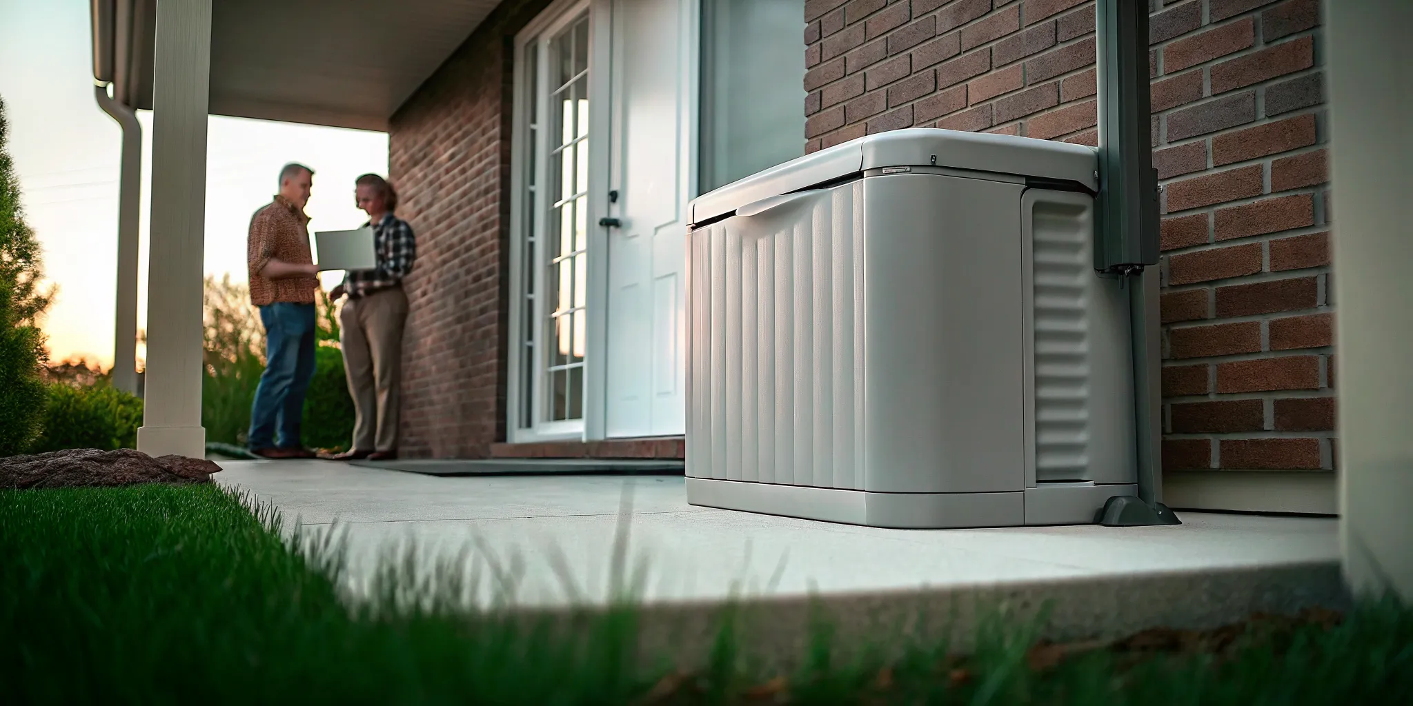 A home generator system installed on the side of a brick house.