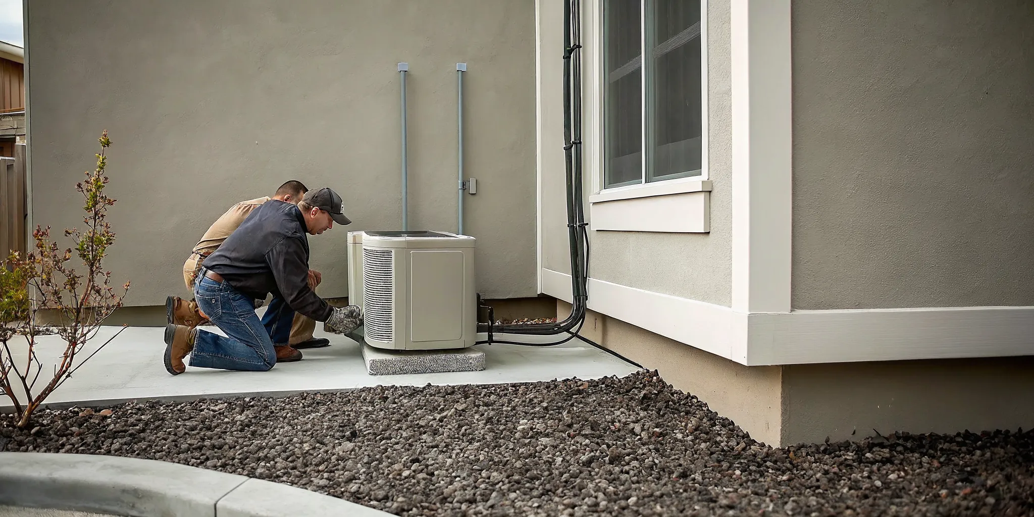 A technician installs a whole house generator on a concrete pad next to a home.