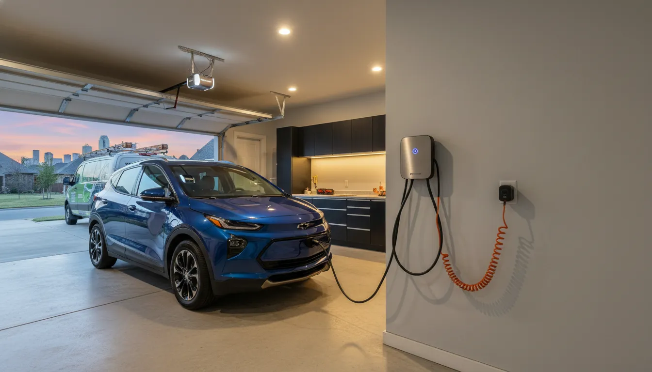level-1-vs-level-2-ev-charging-for-dfw-homes-279123 Electric vehicle plugged into a home Level 2 charger in a DFW garage