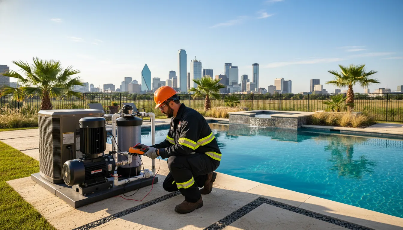 pool-bonding-safety-guide-for-dfw-pool-owners-341613 Licensed electrician inspecting pool bonding equipment in DFW