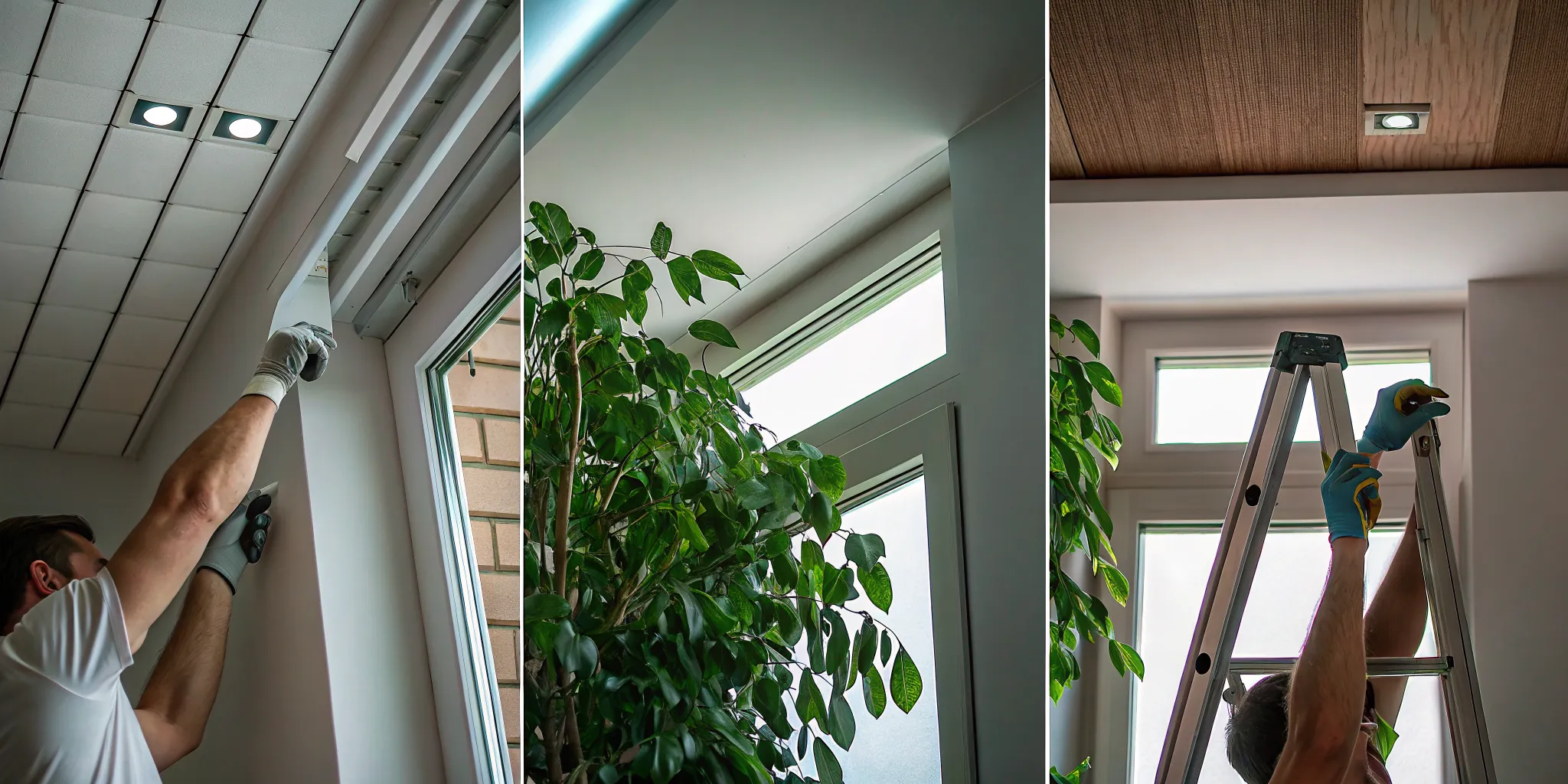 A professional completes a recessed lighting installation, showing the tools and wiring in the ceiling.