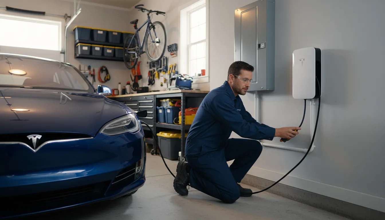 tesla-charger-installation-near-me-prep-guide-327166 Licensed electrician installing a Tesla charger in a DFW garage