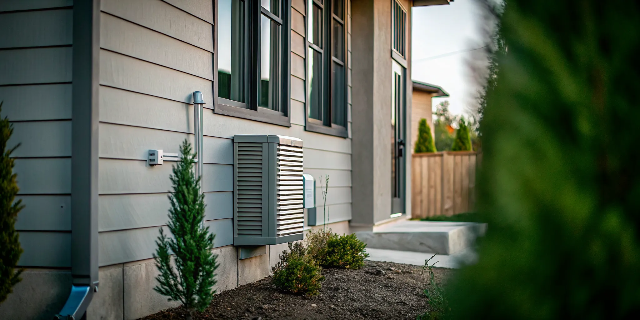Whole house generator installation on a concrete pad next to a home.