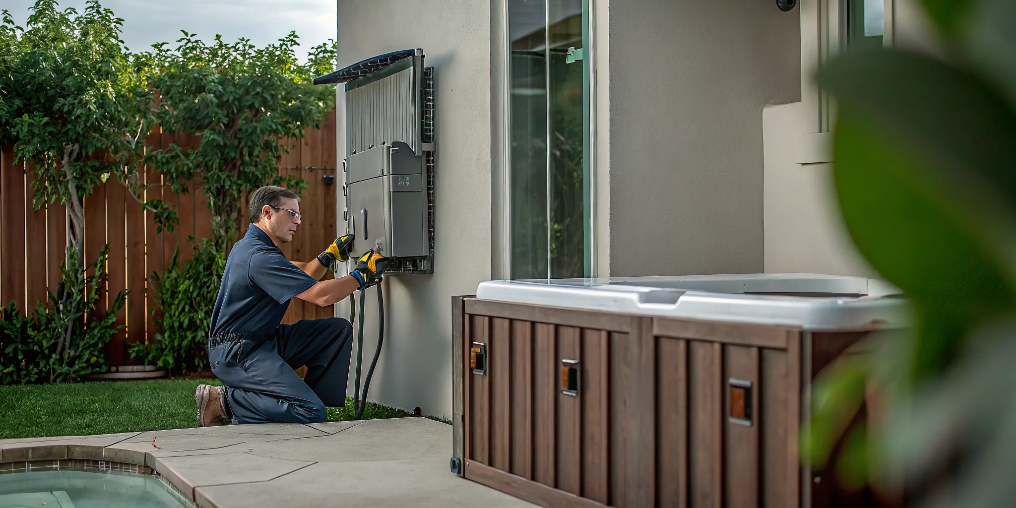 Licensed electrician performing hot tub wiring to meet safety and electrical code standards.