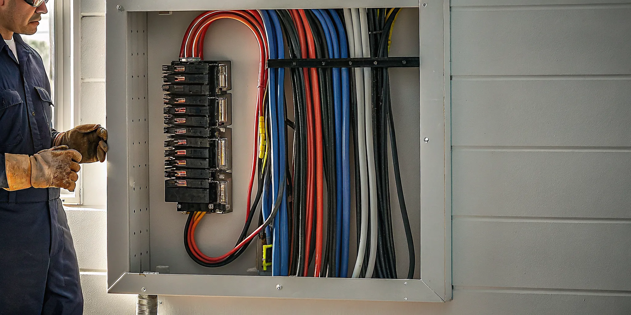 Electrician inspecting the wiring for a breaker box replacement.