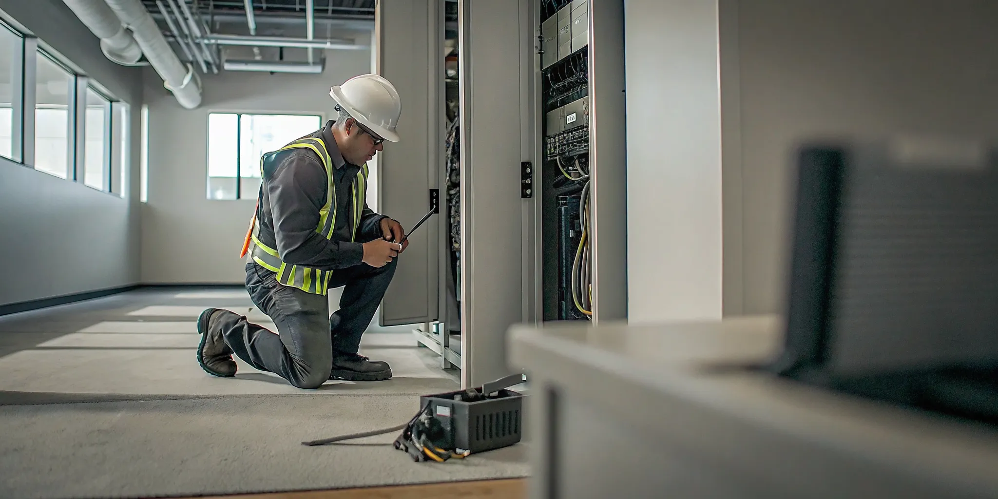 commercial-emergency-electrician-business-guide-681744 Commercial emergency electrician inspecting a business electrical panel