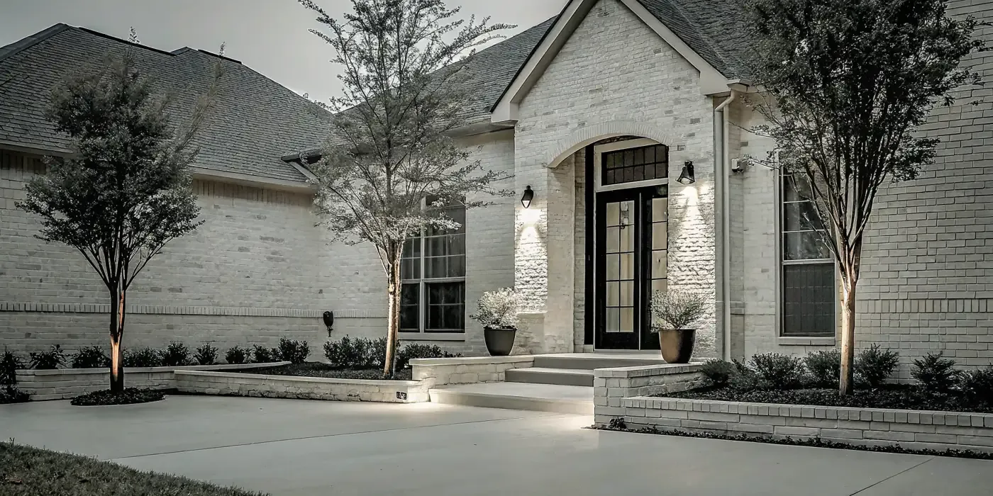 Warm landscape lighting around a North Texas home at dusk