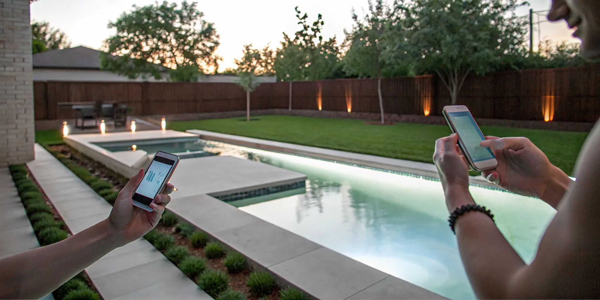 Modern DFW backyard pool with app-based automation controls