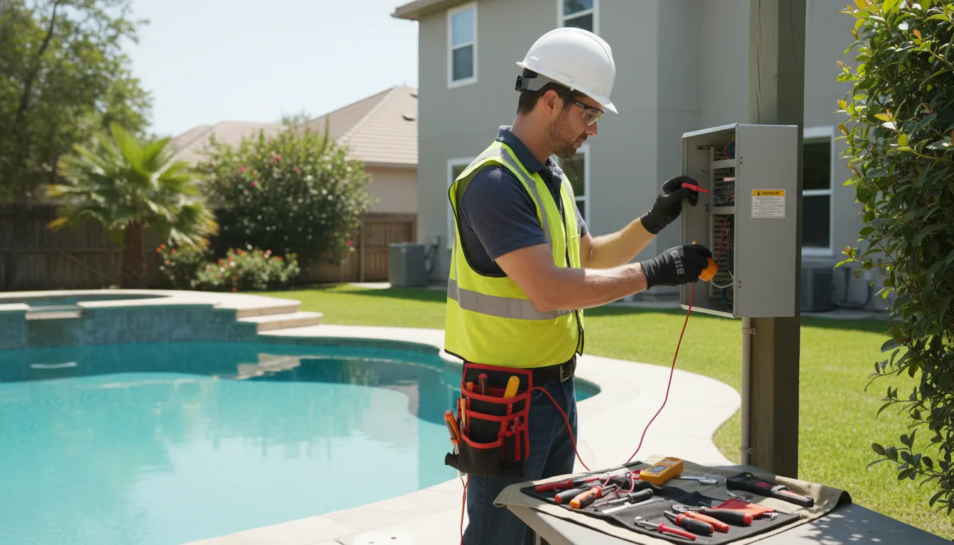 Electrician inspecting pool pump electrical problems beside a residential pool