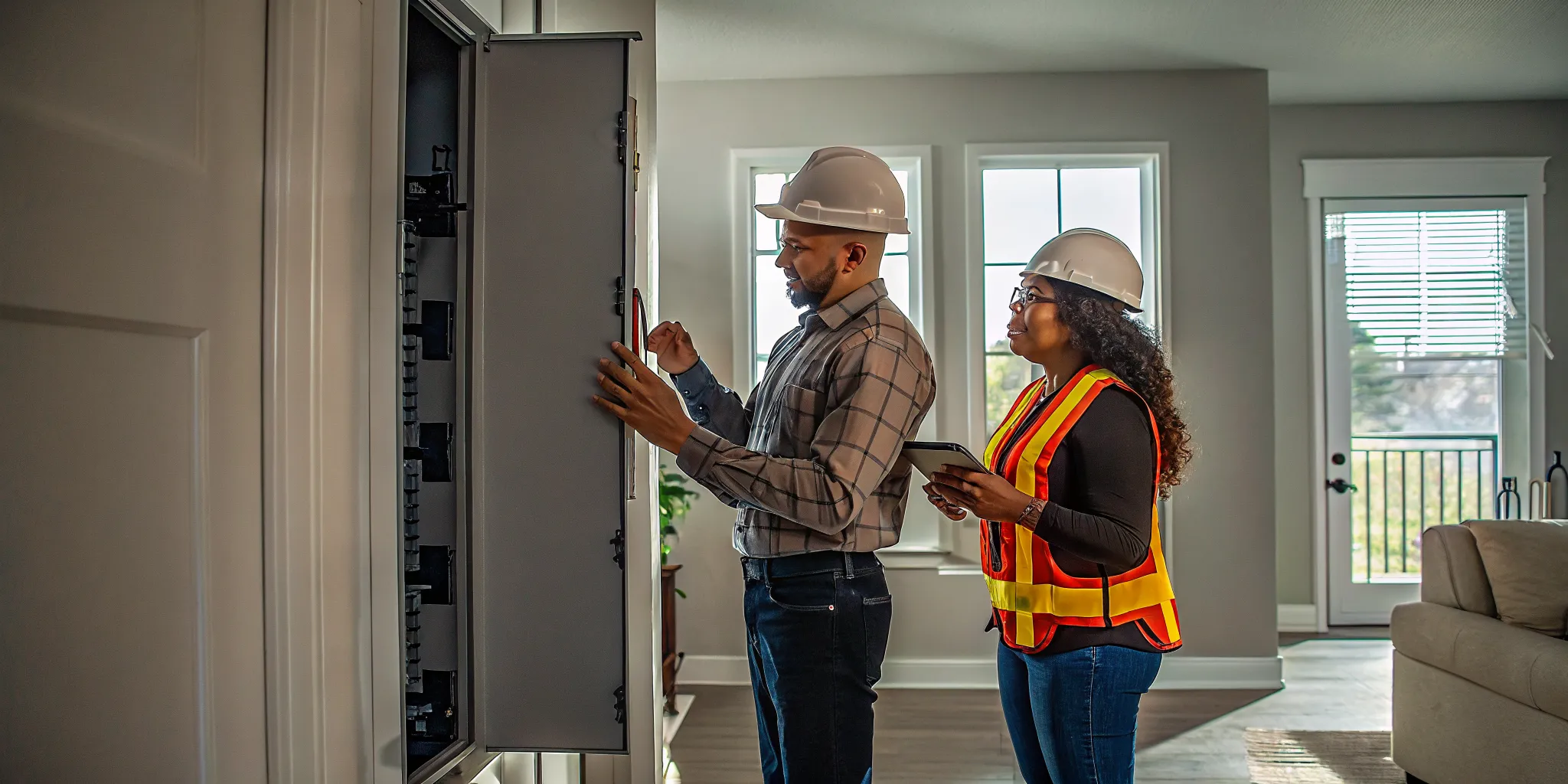 questions-to-ask-before-hiring-an-electrician-233731 Electrician discussing an electrical panel inspection with a homeowner