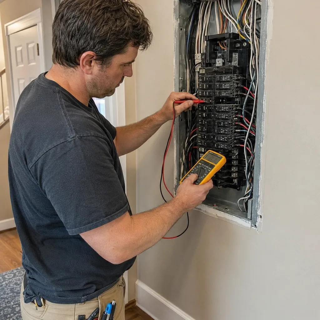 Electrical Panel Repair in Plano - TX as an electrician tests breakers inside a residential service panel, Electrical Panel Repair in Keller - TX as an electrician checks breaker connections inside a garage panel