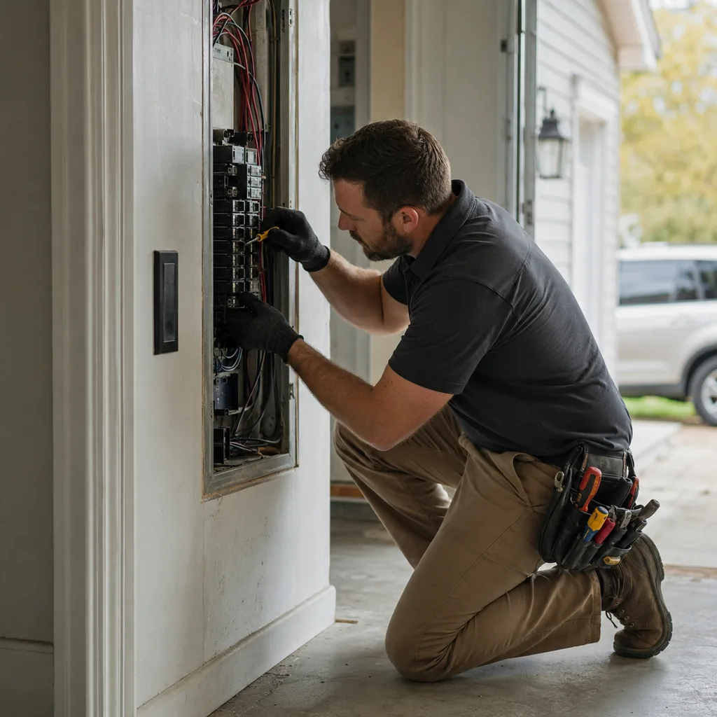 Electrician performing Electrical Panel Repair beside labeled circuits in a Plano - TX utility area, Technician performing Electrical Panel Repair in a Keller - TX utility area while testing breaker response