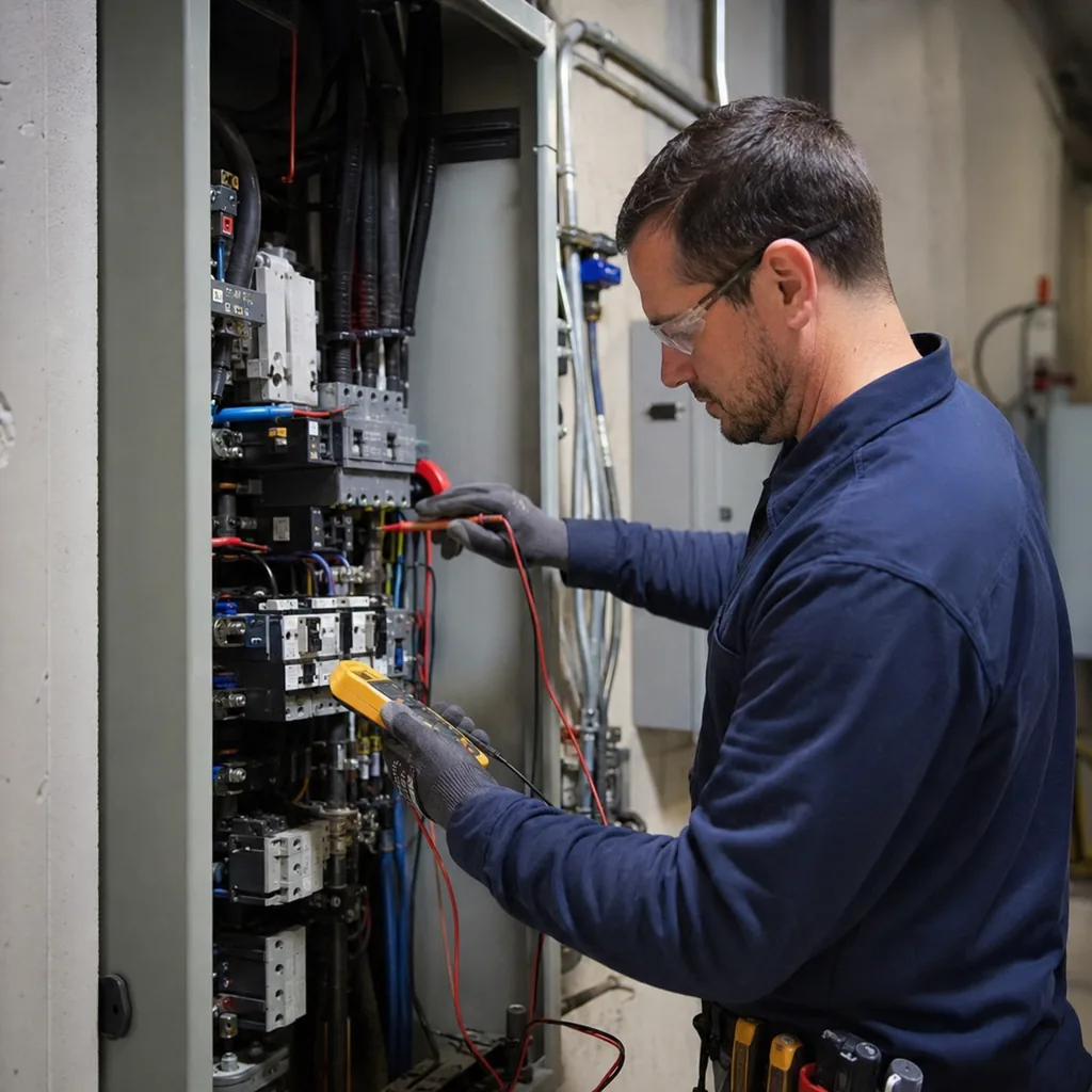 electrical-panel-repair-03 Electrical Panel Repair in McKinney - TX as an electrician inspects breakers in a garage service panel