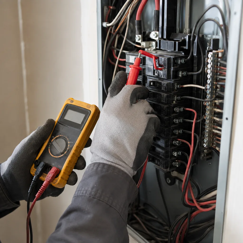 electrical-panel-repair-04 Technician performing Electrical Panel Repair inside a McKinney - TX home while testing circuit load readings