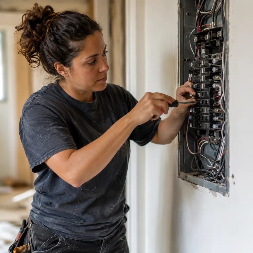 electrical-panel-repair-05 Electrical Panel Repair in Allen - TX as an electrician tests breakers inside a residential garage panel