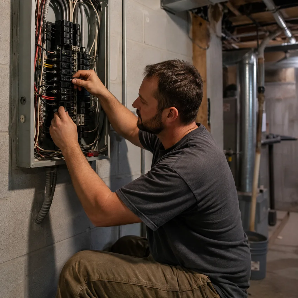 electrical-panel-repair-06 Electrician performing Electrical Panel Repair in an Allen - TX utility area while checking circuit connections
