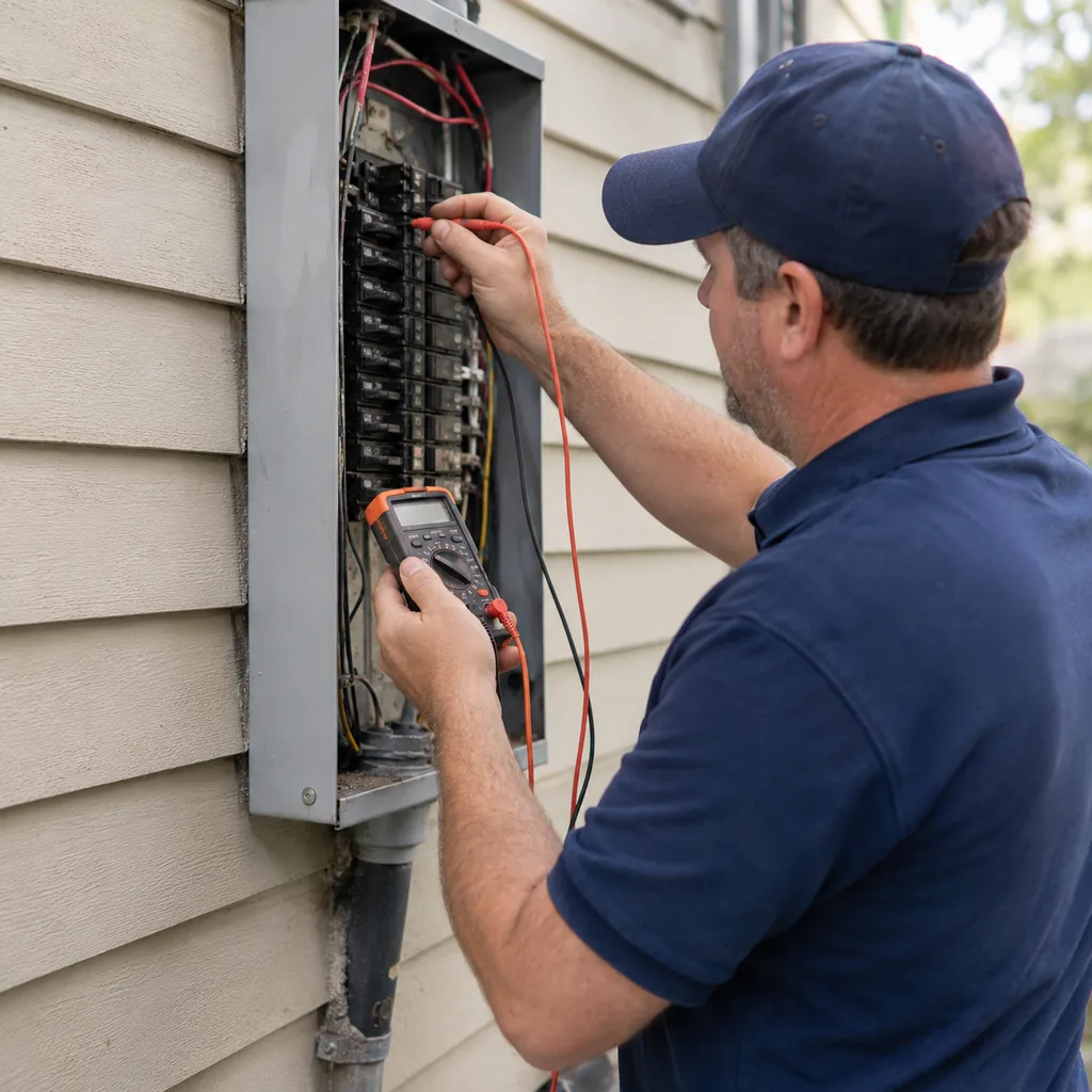 Electrical Panel Repair in Southlake - TX as an electrician inspects breakers inside a home utility closet