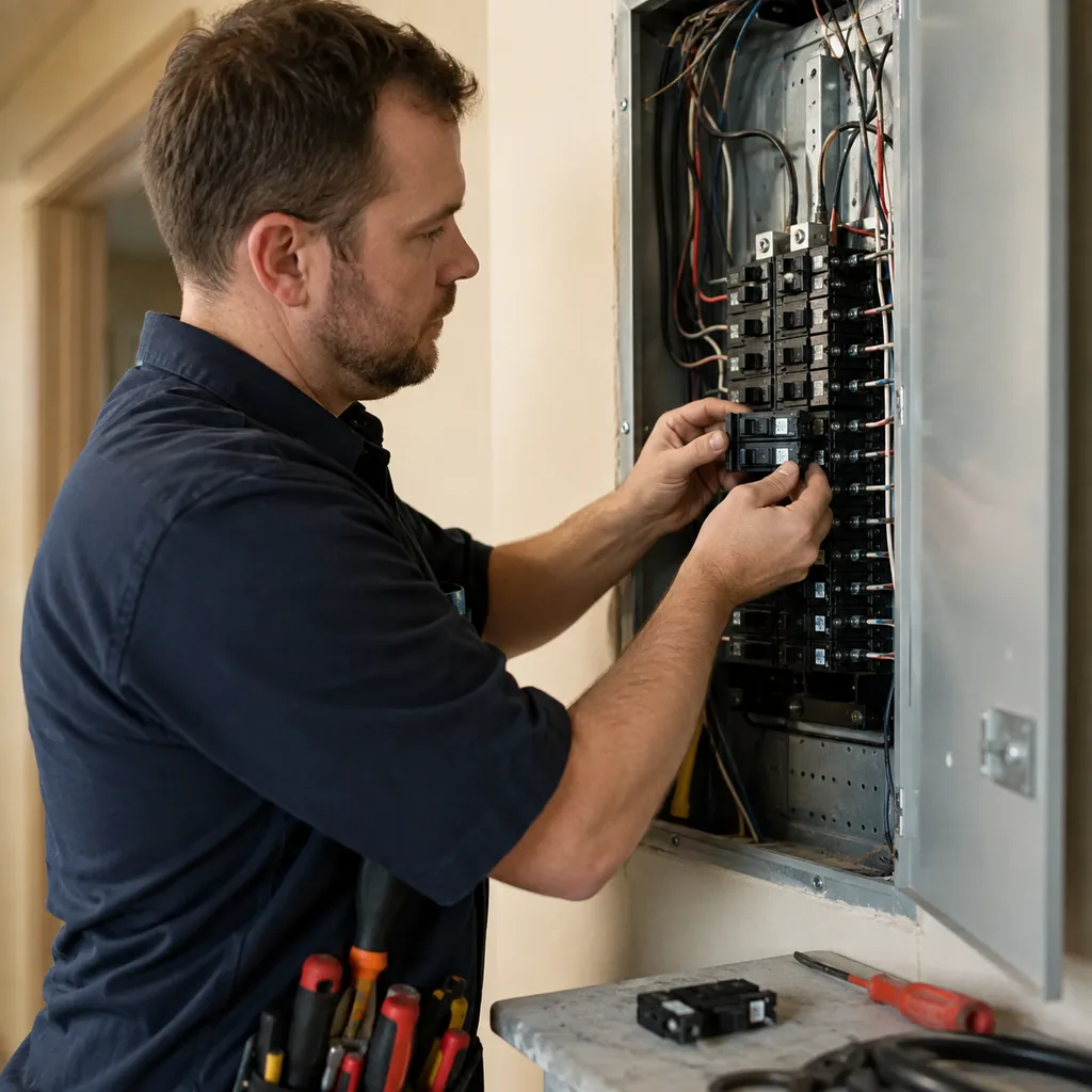 Electrician performing Electrical Panel Repair in a Southlake - TX residence while tightening panel connections