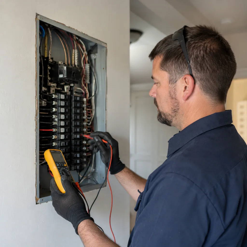 electrical-panel-repair-10 Electrician completing Electrical Panel Repair in a Grapevine - TX shop while checking circuit load balance
