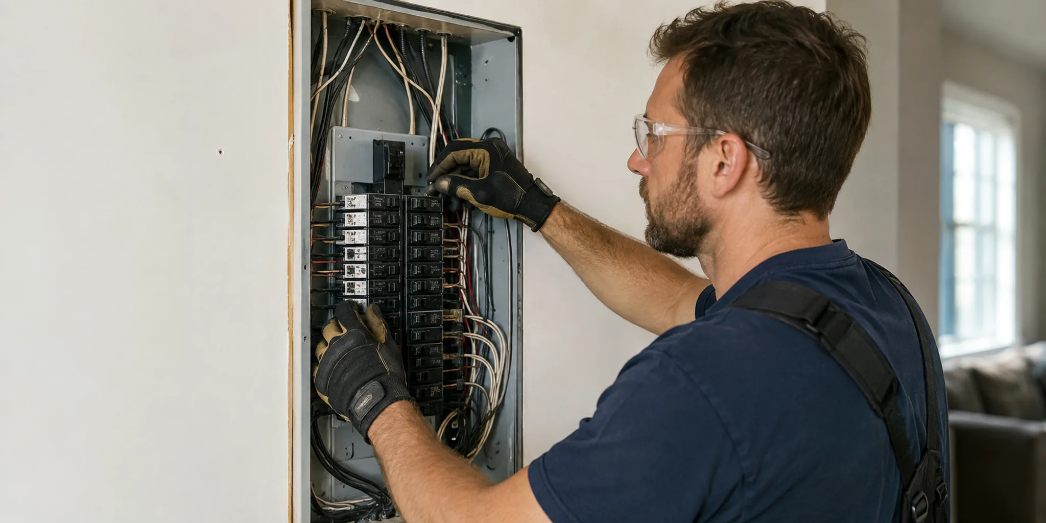 Electrician in Tarrant County - TX testing a residential breaker panel during a scheduled service visit