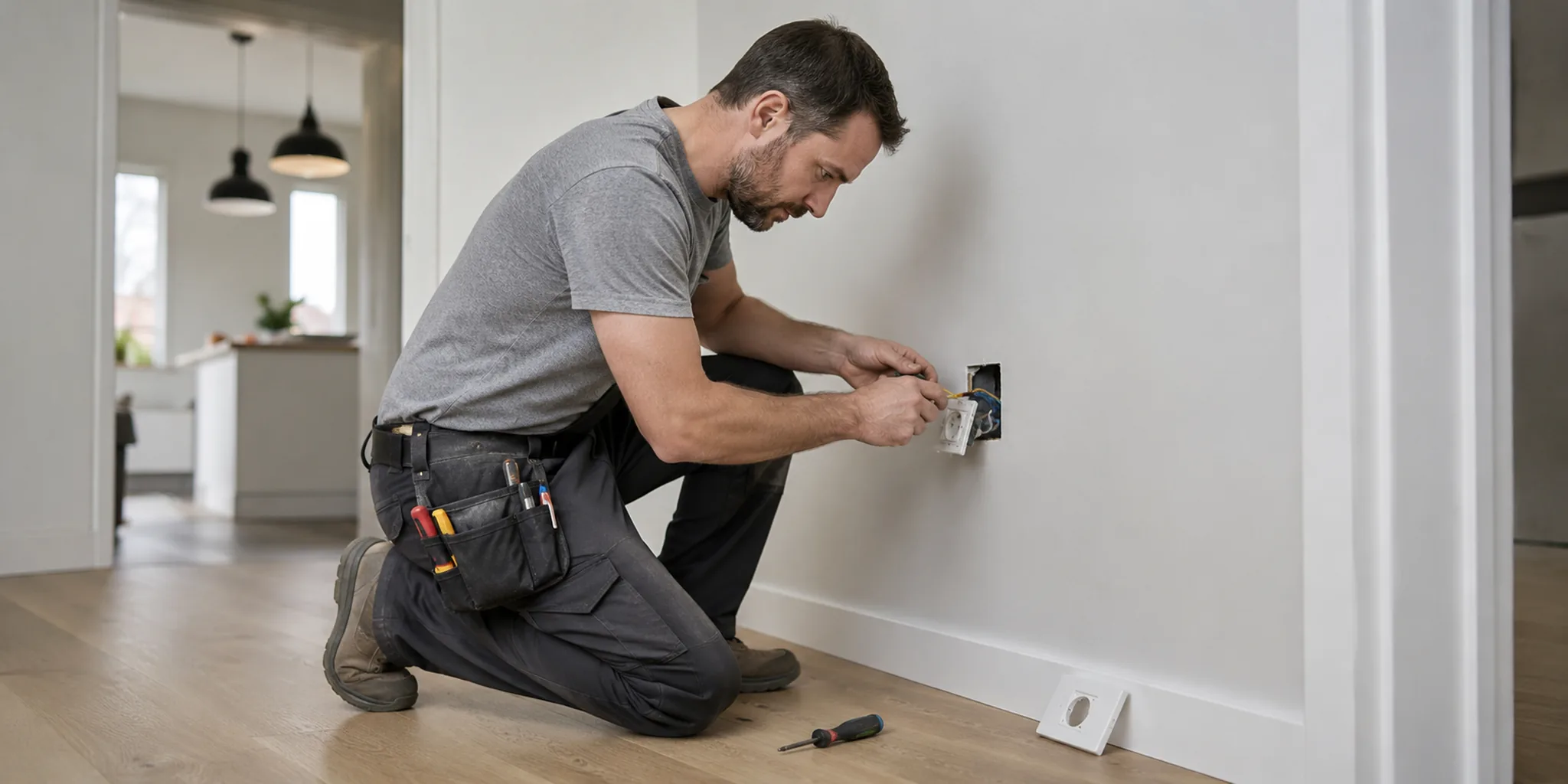 Experienced electrician diagnosing outlet and panel issues inside a Tarrant County - TX home