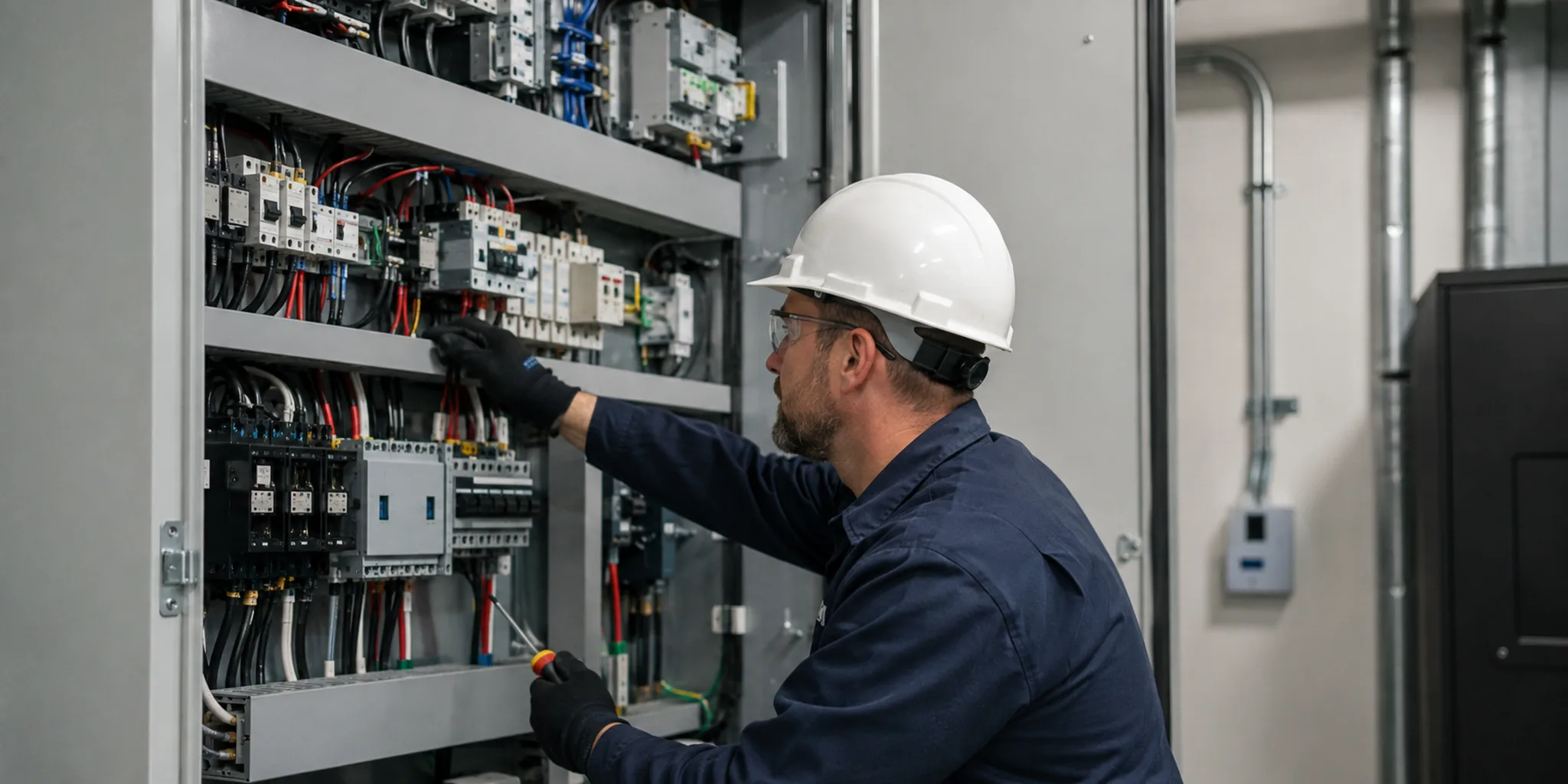 Skilled electrician tracing wiring issues inside a Collin County - TX utility room panel