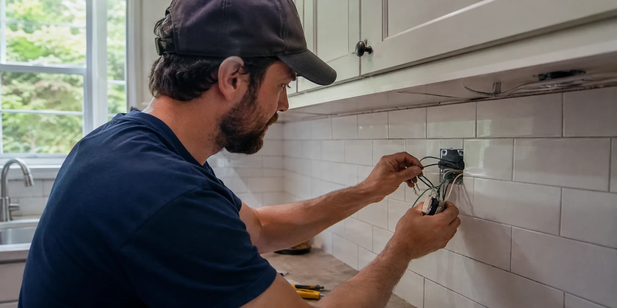 Electrician in Denton County - TX testing a breaker panel during a residential troubleshooting visit