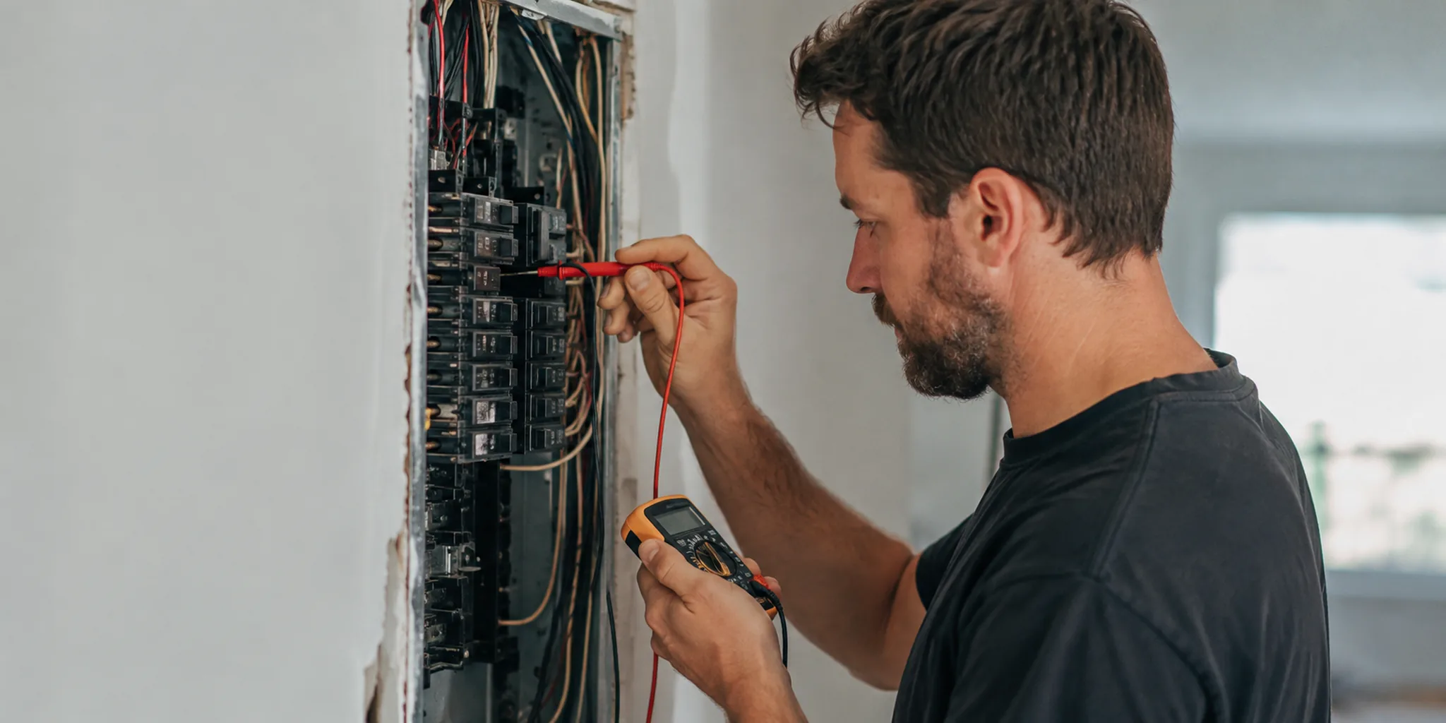 electrician-08 Skilled electrician tracing circuit issues inside an Allen - TX garage panel area