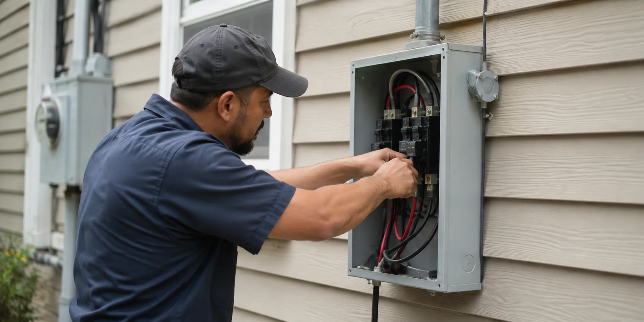 electrician-10 Electrician diagnosing wiring conditions inside a Lewisville - TX utility room panel