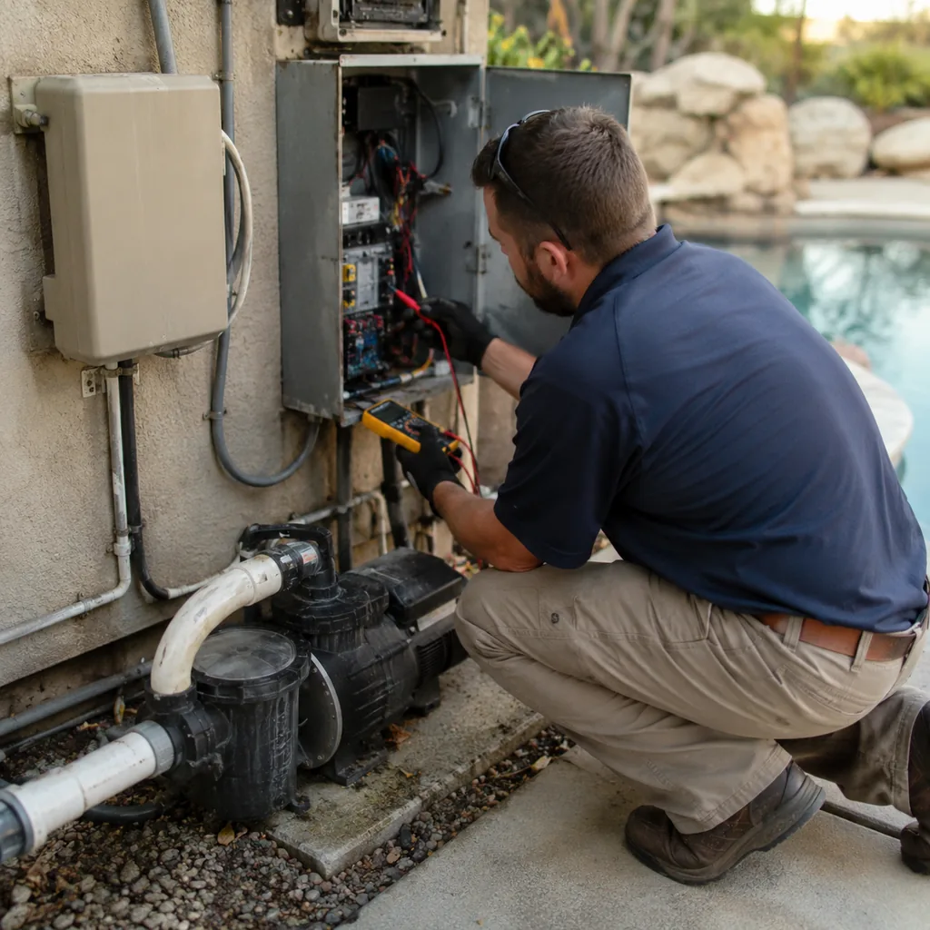 pool-electrical-repair-01 Pool Electrical Repair in Plano - TX as a technician tests pool light wiring beside the deck, Pool Electrical Repair in Keller - TX underway as an electrician tests pool equipment wiring