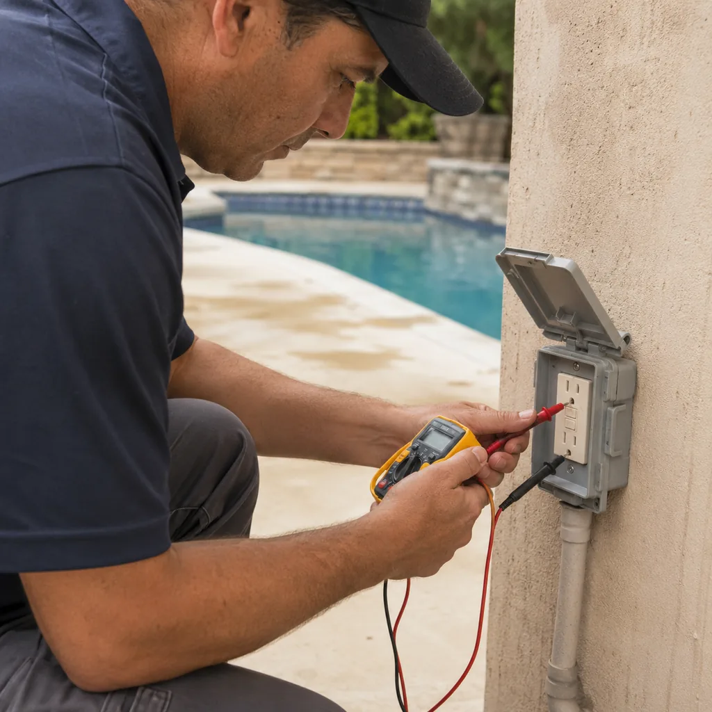 Pool Electrical Repair in McKinney - TX as a technician checks wiring at pool equipment, Pool Electrical Repair in Colleyville - TX as an electrician tests wiring at a pool pad