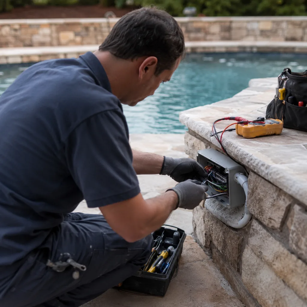 Technician performing pool electrical repair beside a McKinney - TX spa control panel with diagnostic meter, Technician performing Pool Electrical Repair near illuminated water features in Colleyville - TX