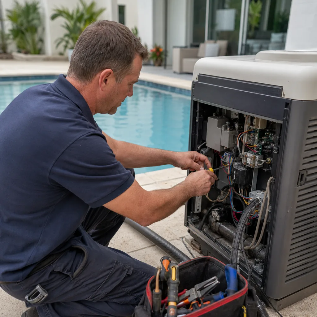 pool-electrical-repair-05 Electrical Panel Repair in Allen - TX as an electrician tests breakers inside a residential garage panel, Pool Electrical Repair in Flower Mound - TX as an electrician tests a pool light circuit