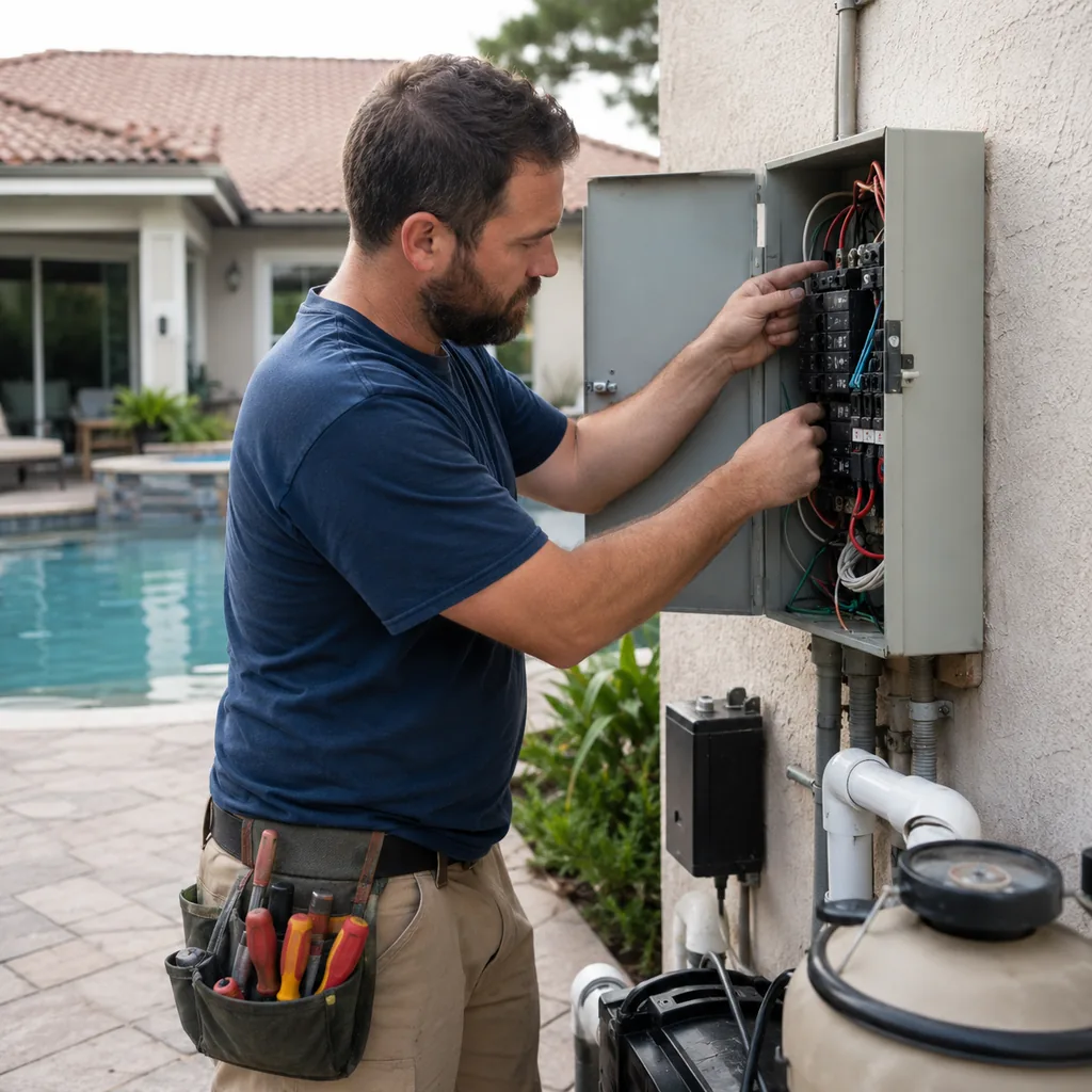 pool-electrical-repair-06 Electrician performing Electrical Panel Repair in an Allen - TX utility area while checking circuit connections, Electrician performing Pool Electrical Repair beside equipment and lighting in Flower Mound - TX