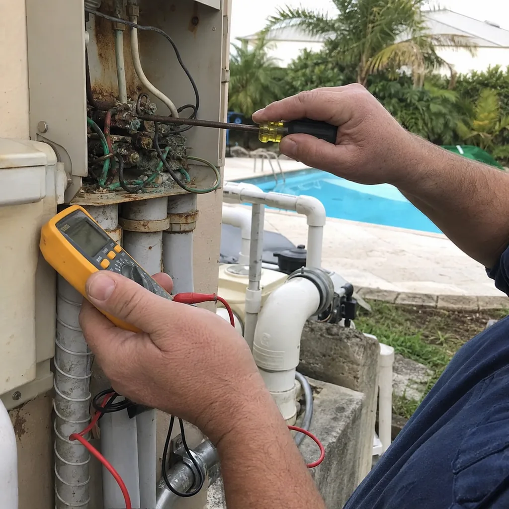 Pool Electrical Repair in Southlake - TX as an electrician tests wiring at a pool equipment pad