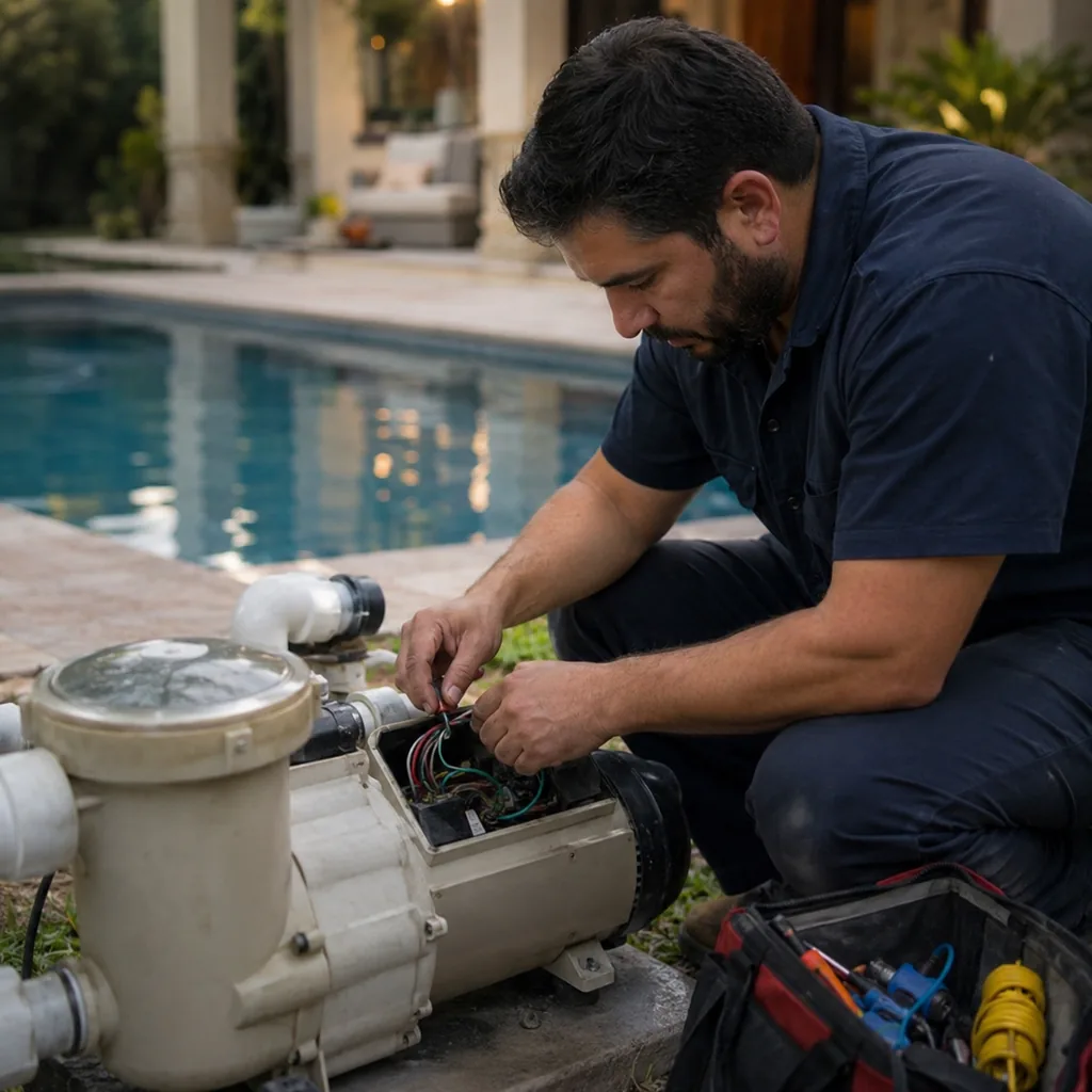 pool-electrical-repair-09 Pool Electrical Repair in Grapevine - TX as a technician tests a pool light circuit near the deck