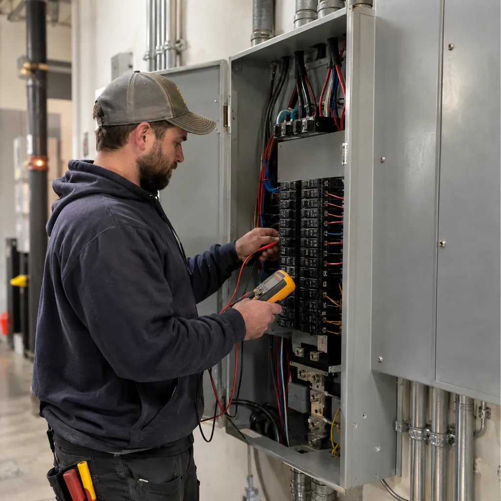 commercial-electrician-06 Commercial Electrician reviewing load distribution in an Allen - TX breaker room before equipment upgrades