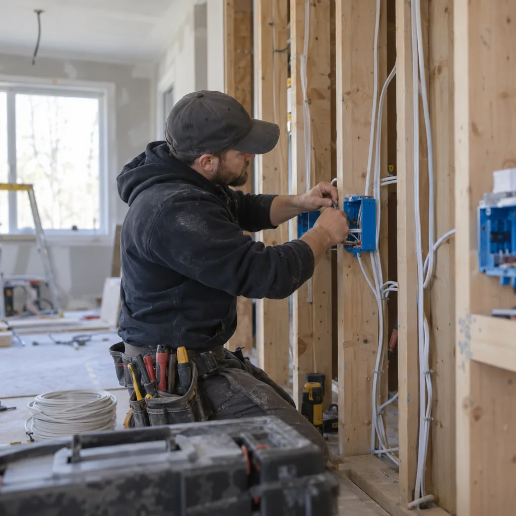 Electrician mounting outlet boxes in open wall framing during electrical installation in Dallas-Fort Worth - TX new construction Electrician mounting outlet boxes in open wall framing during electrical installation in Dallas-Fort Worth - TX new construction