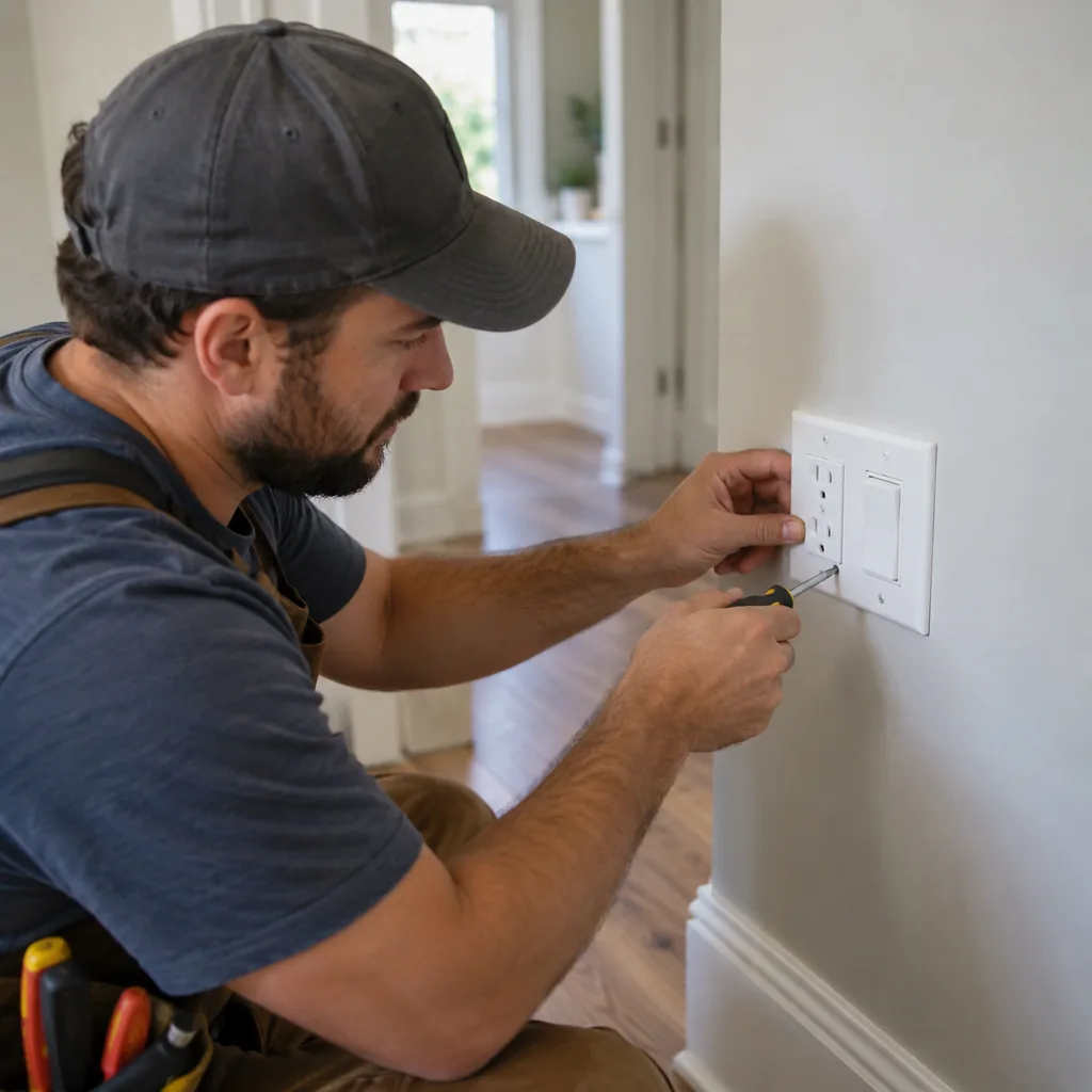 Electrician fitting a new wall switch and cover plate during electrical installation in Plano - TX Electrician fitting a new wall switch and cover plate during electrical installation in Plano - TX