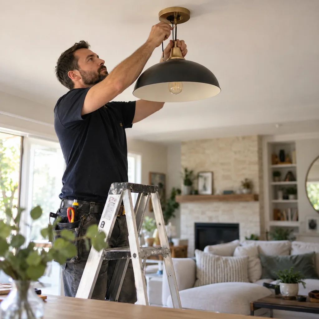 Electrician hanging a black pendant light over a living room during electrical installation in McKinney - TX