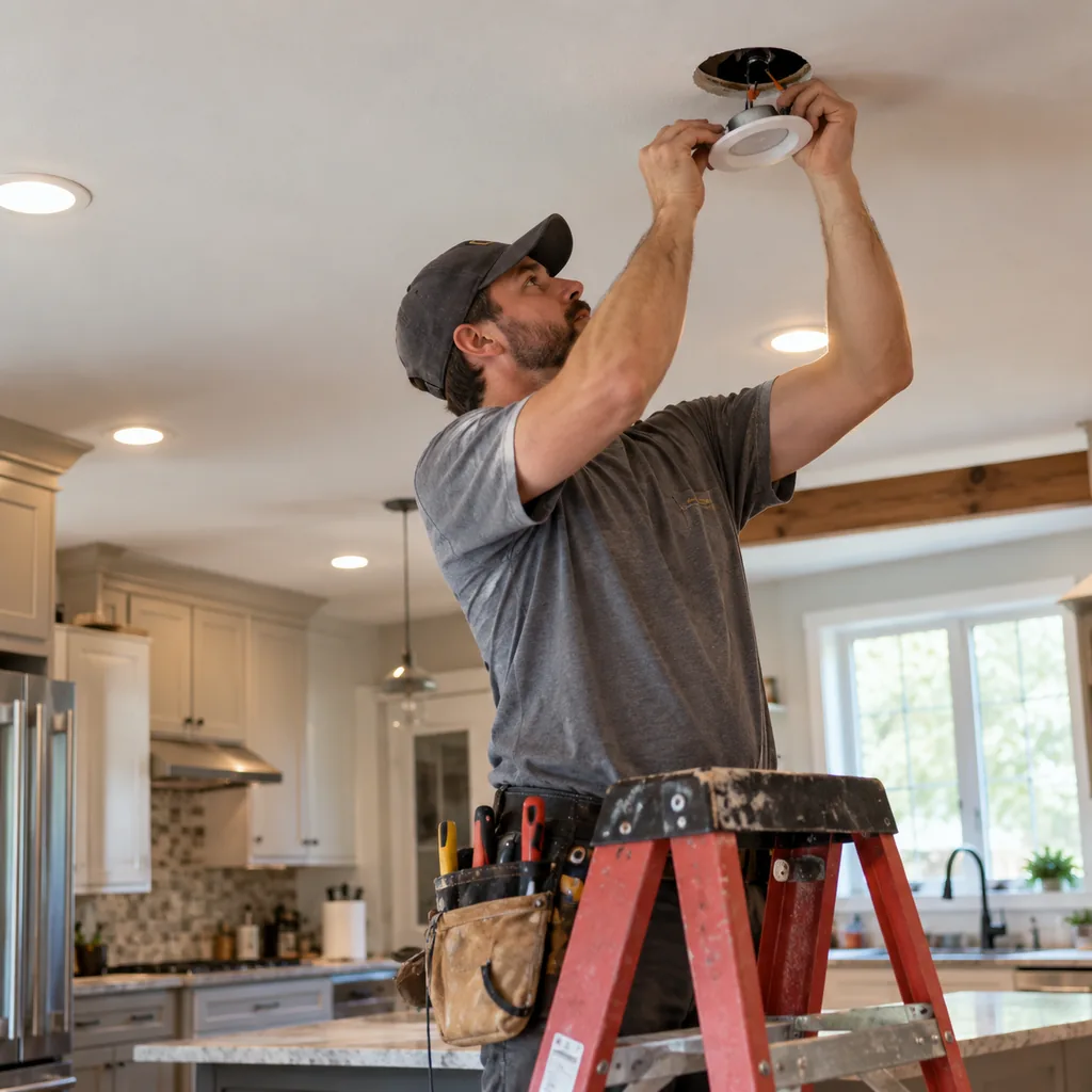 Electrician on a step ladder fitting a kitchen ceiling light during electrical installation in Allen - TX Electrician on a step ladder fitting a kitchen ceiling light during electrical installation in Allen - TX