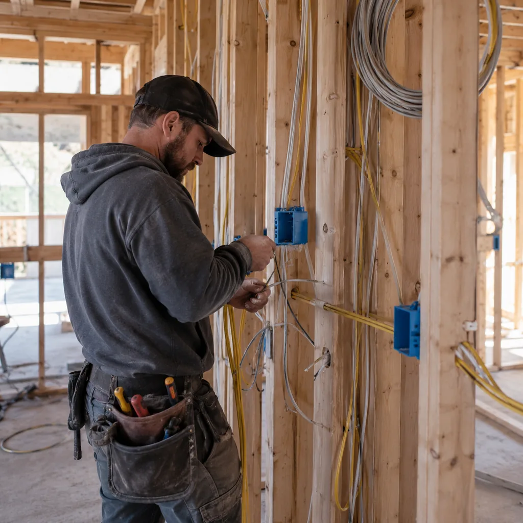 Electrician performing electrical installation inside a Flower Mound - TX utility area while checking labeled new circuits