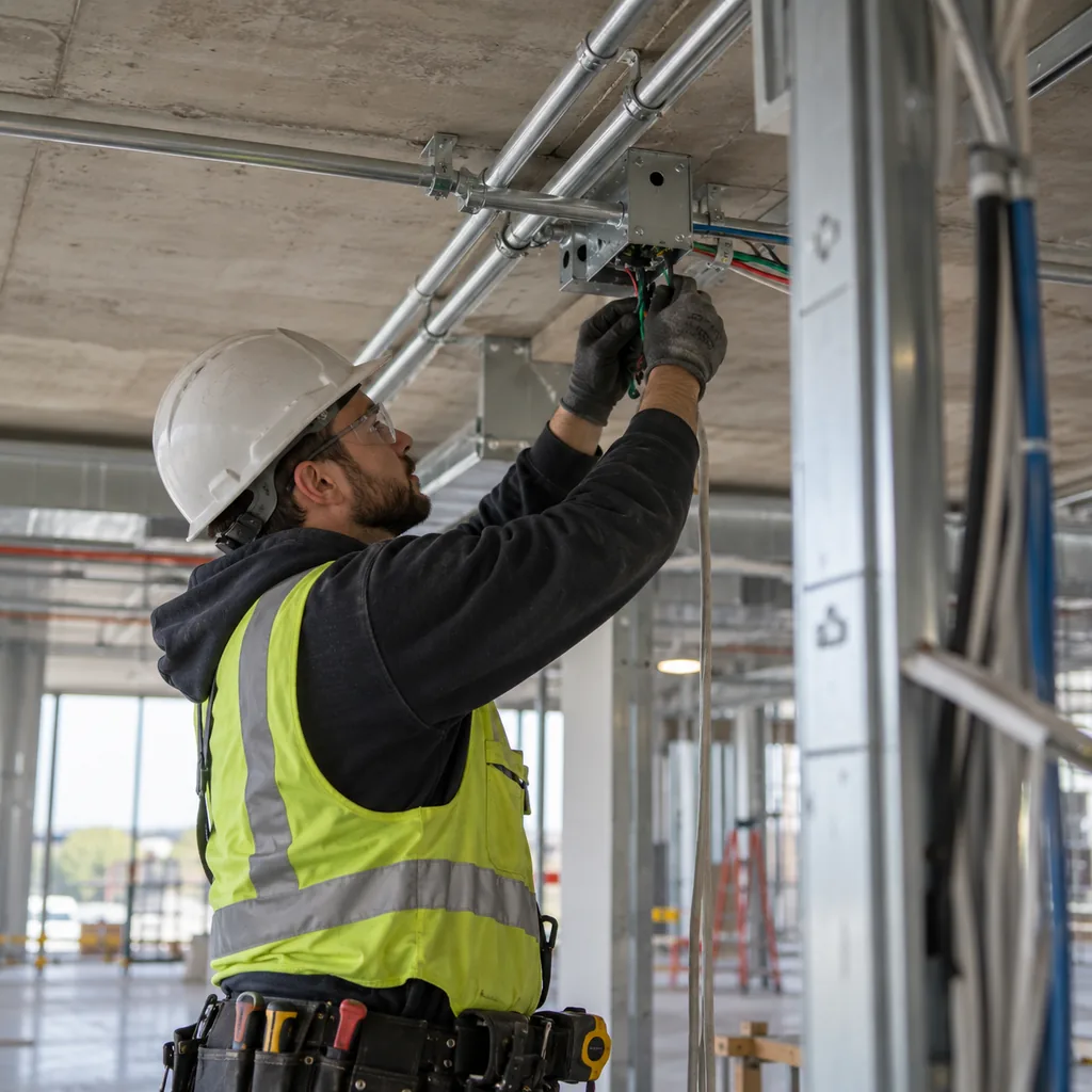 Electrician in a hard hat securing overhead conduit for a commercial electrical installation in Dallas-Fort Worth - TX Electrician in a hard hat securing overhead conduit for a commercial electrical installation in Dallas-Fort Worth - TX